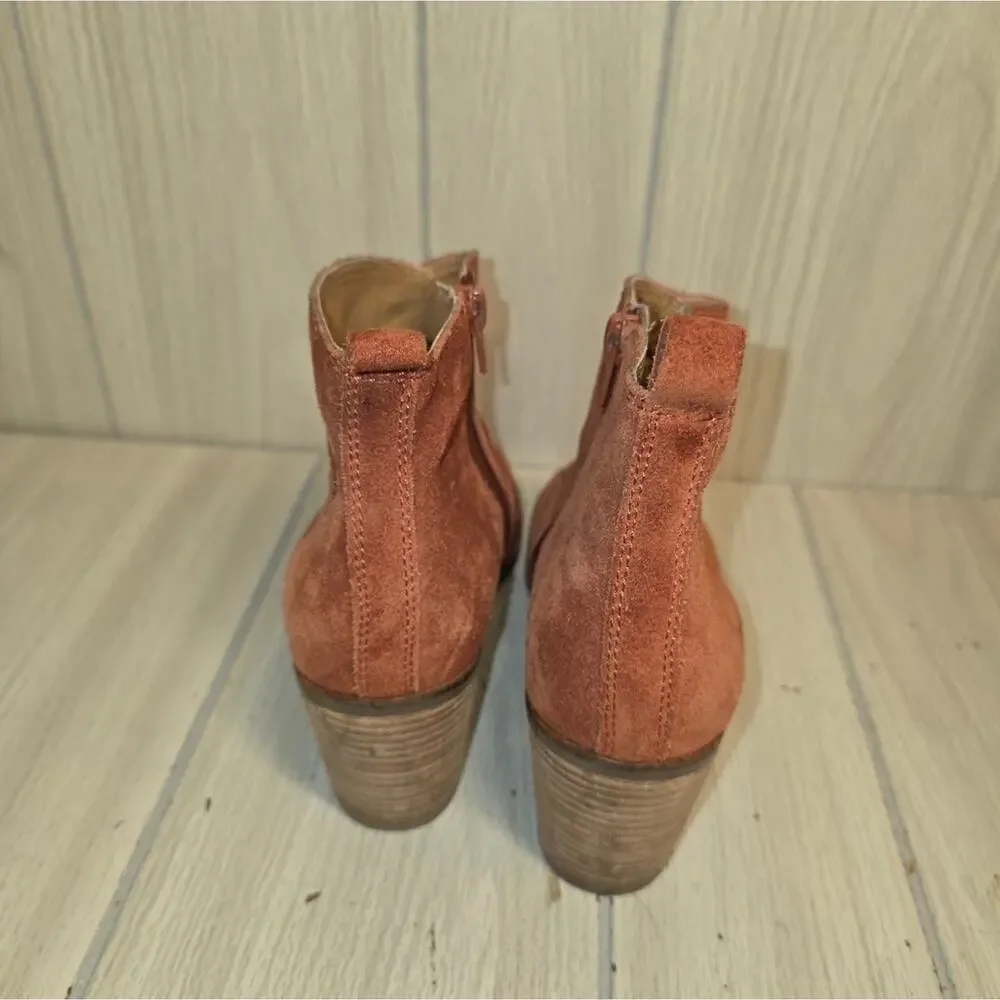 Lucky Brand Womens Floral Embroidered Suede Leather Boots Sz 8 Stacked Heel Rust